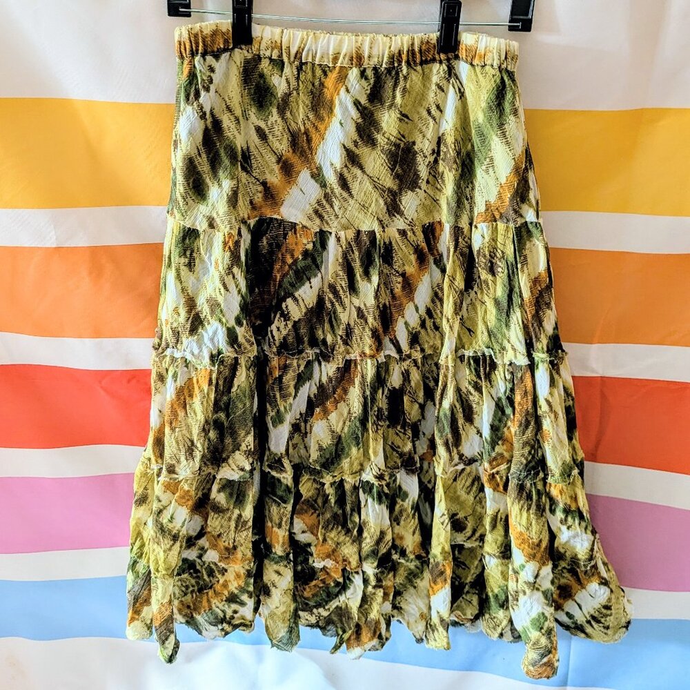 Vintage Earth Tone Patchwork Tiered Midi Skirt Fairy Cottagecore Y2k Goblincore - Picture 1 of 5